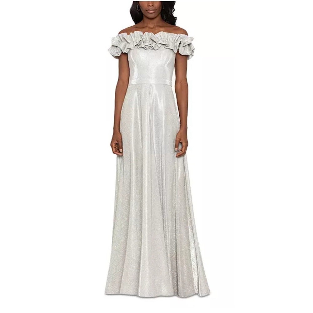 Xscape Women's Off the Shoulder Ruffle Metallic Glitter Gown has Pockets size 14